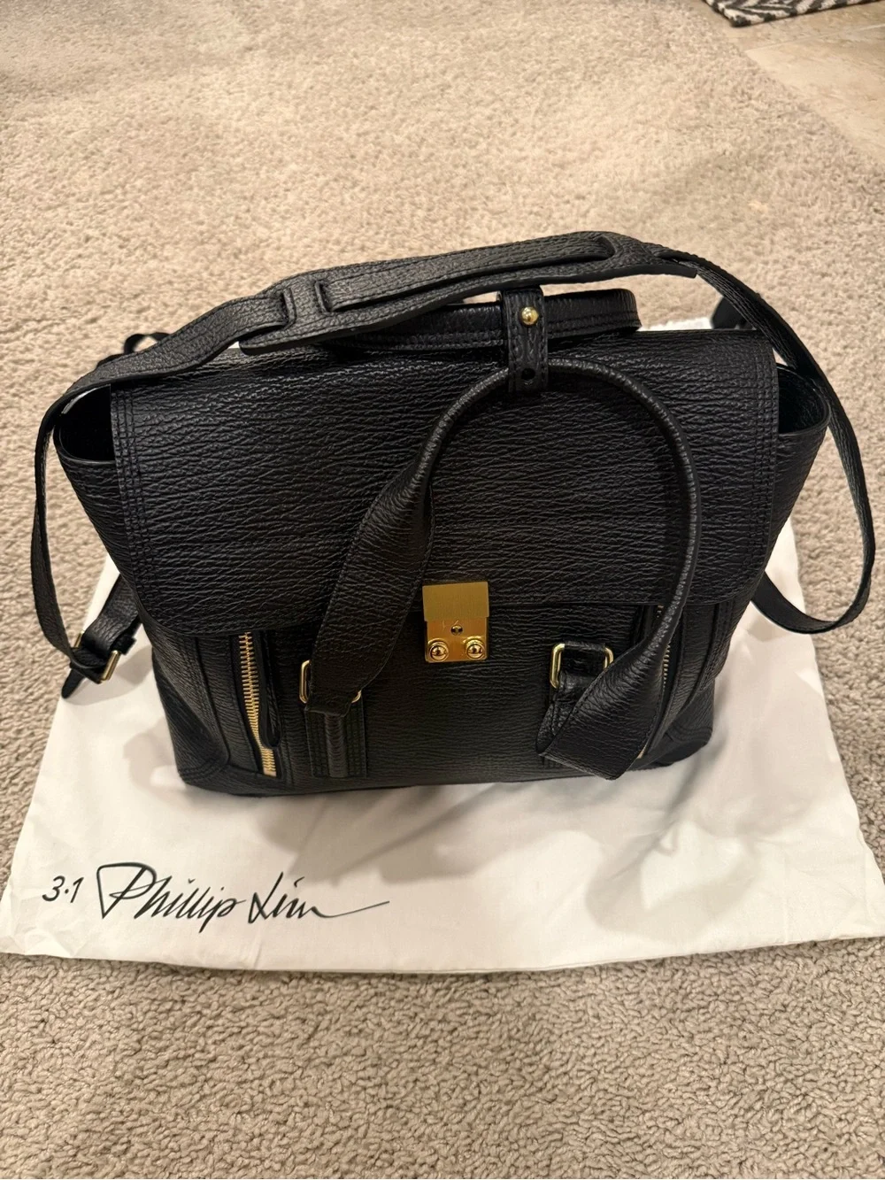 3.1 Phillip Lim Black Textured Leather Satchel with Gold Hardware
